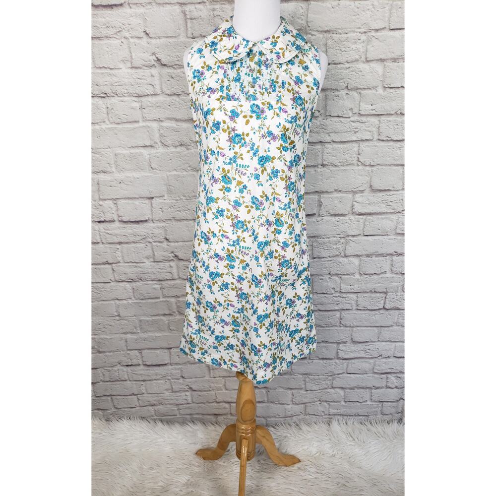 Vintage 1970s Sheath Dress Blue Floral Peterpan Collar Shirred Neckline Fits XS
